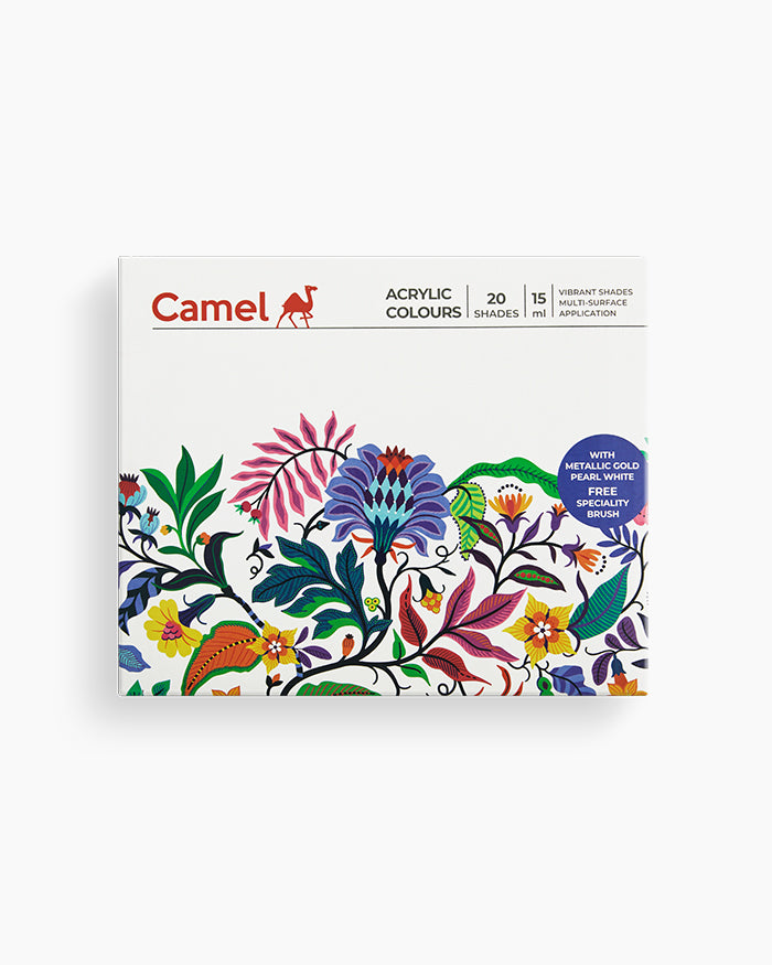 Camel Acrylic Colours Assorted pack of 20 shades in 15 ml with Brush, Ultra, Pearl, and Metallic ranges