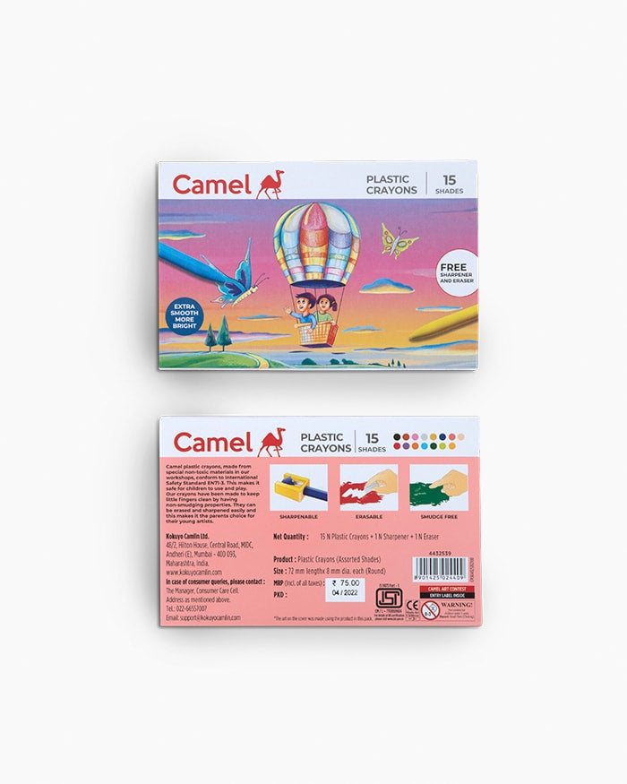 Camel Plastic Crayons Assorted pack of 15 shades,Hexagonal
