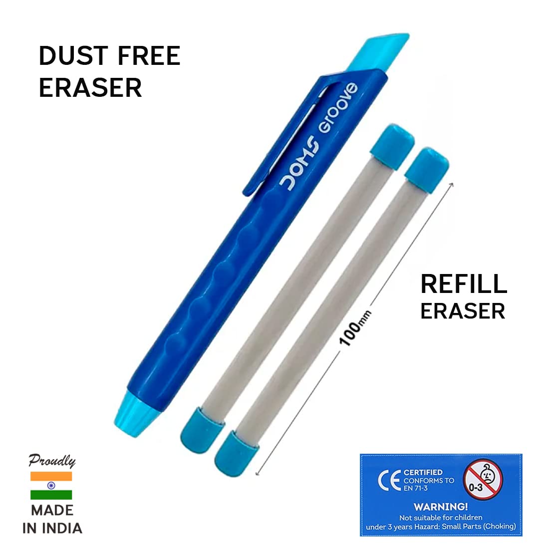 Doms Groove Retractable Eraser | Groove for Better Grip with Excellent Erasing Performance | Free 2 Refill Eraser with This Pack | Pack of 5