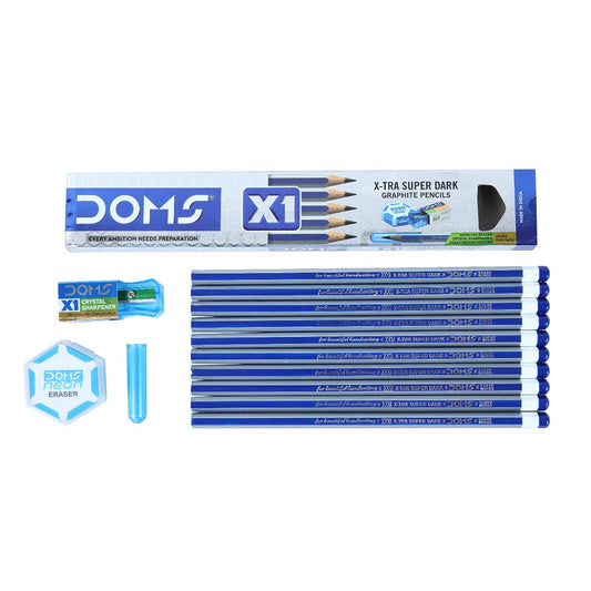 DOMS X1 Xtra Super Dark Pencils Box, Hexagonal Shape For Easy Holding&Comfort|Free Eraser|Scale&Pencil Cap|Dark&Neat Handwriting|Pack Of 3 Boxes