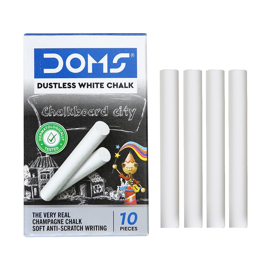 Doms Non-Toxic White Chalk | Extra Bright, Smooth & Long Lasting | Soft & Anti-Scratch Writing | Mess-free Dustless Chalk Sticks | Pack Of 10 box