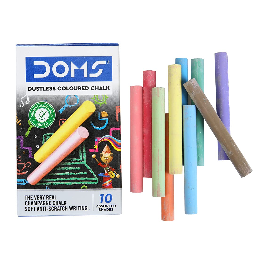 Doms Dustless Coloured Chalk Box Pack | Bright, Smooth & Long Lasting | Soft & Anti-Scratch Writing | Non-Toxic | Set of 10 Different Color Chalk