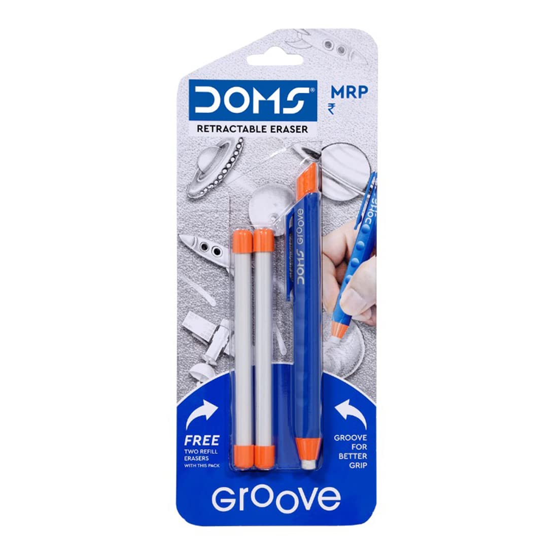 Doms Groove Retractable Eraser | Groove for Better Grip with Excellent Erasing Performance | Free 2 Refill Eraser with This Pack | Pack of 5