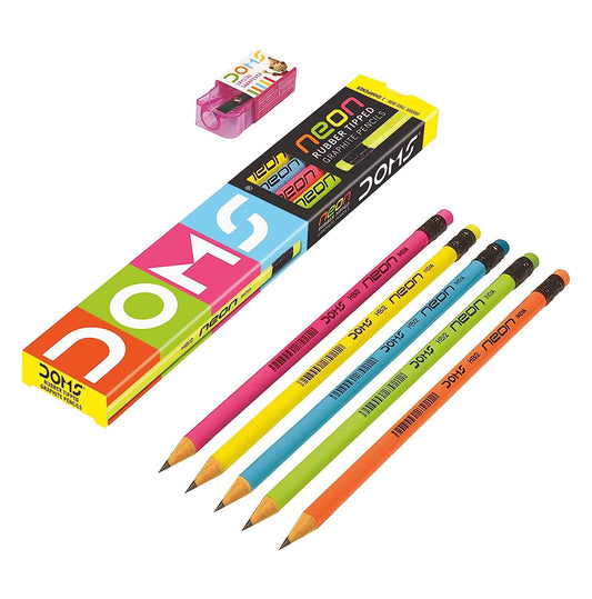 DOMS Neon Rubber Tipped HB/2 Graphite Pencils Box Pack | Non-Toxic | Free Sharpner Inside The Box | Easy & Smooth Sharpening | Pack Of 30 Pencils