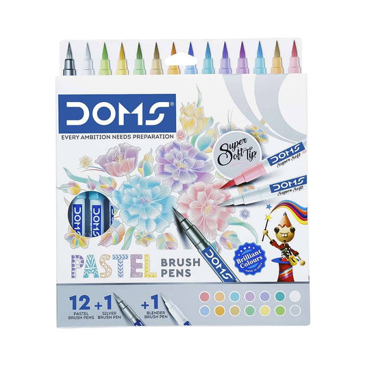 Doms Super Soft Tip Pastel Shades Brush Pen Set, 12 Pastel Shades + 1 Silver Shade + 1 Blender, for Doodling, Illustrations, Calligraphy