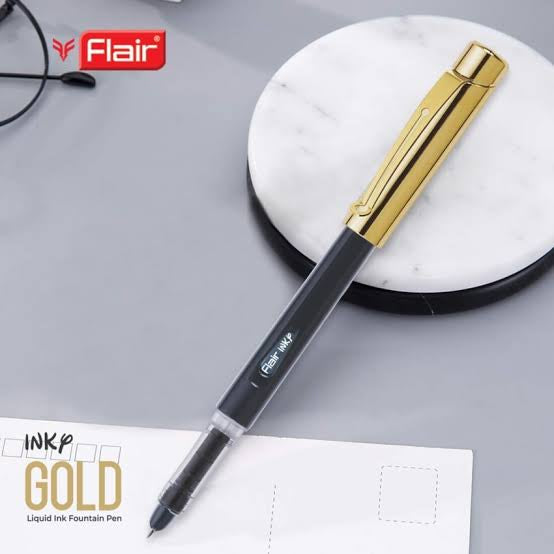 FLAIR Inky Series Gold Liquid Ink Fountain Pen Blister Pack | Stainless Steel Nib With Round Tip | Free 5 Pieces X-Large Jumbo Cartridges | Smudge Free Writing | Blue Ink