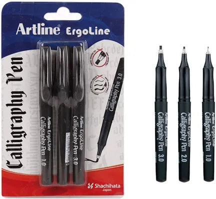 Artline Ergoline Water Based Calligraphy Pen Set | Water & Smudge Resistant | Fade Proof & Acid Free,For Calligraphy, Scrap booking, Black, Set Of 3