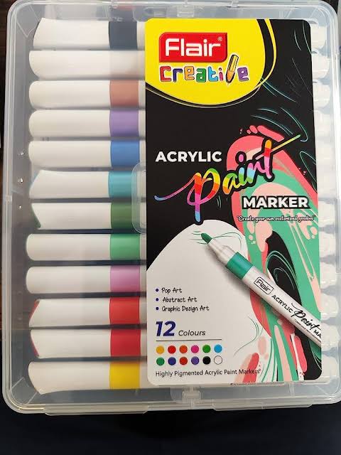 FLAIR Creative Acrylic Paint Bold Marker | 12 Colours Set | Ideal for Rocks, Ceramics, Canvas, Glass and Wood