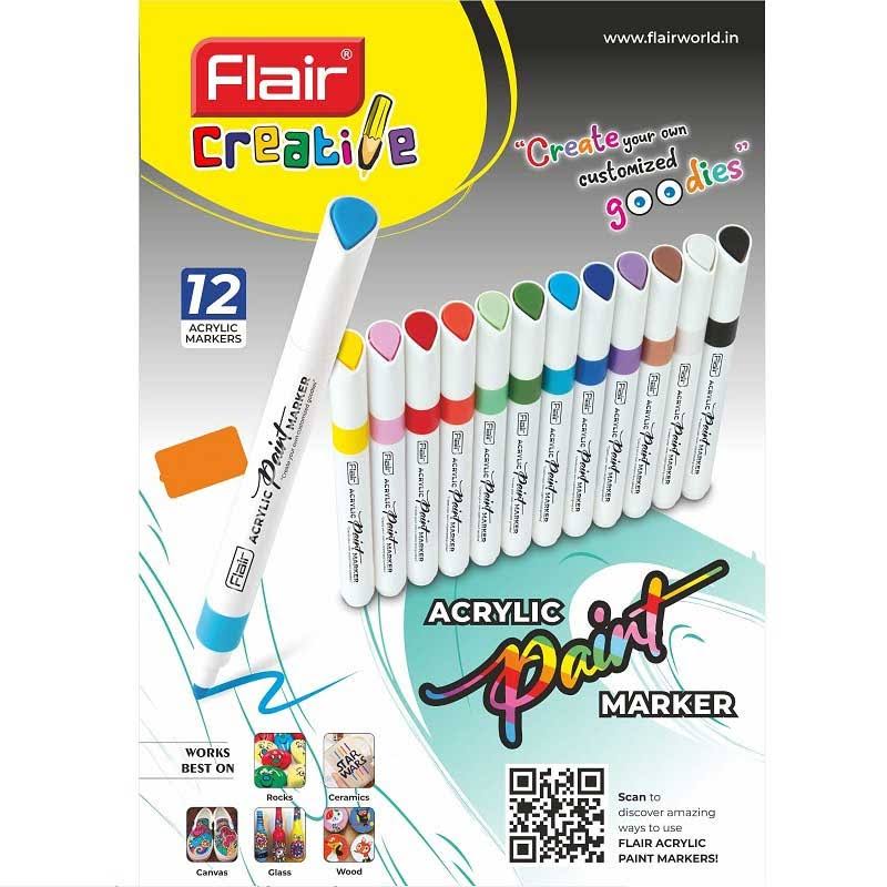 FLAIR Creative Acrylic Paint Bold Marker | 12 Colours Set | Ideal for Rocks, Ceramics, Canvas, Glass and Wood