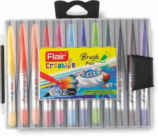 FLAIR Creative Brush Pen With Flexible Tip | Watecolour Effect & Smudge Free Writing | Non-Toxic & Safe For Childrens | A Great Tool For Lettering & Calligraphy | Set of 12 Bright Shades