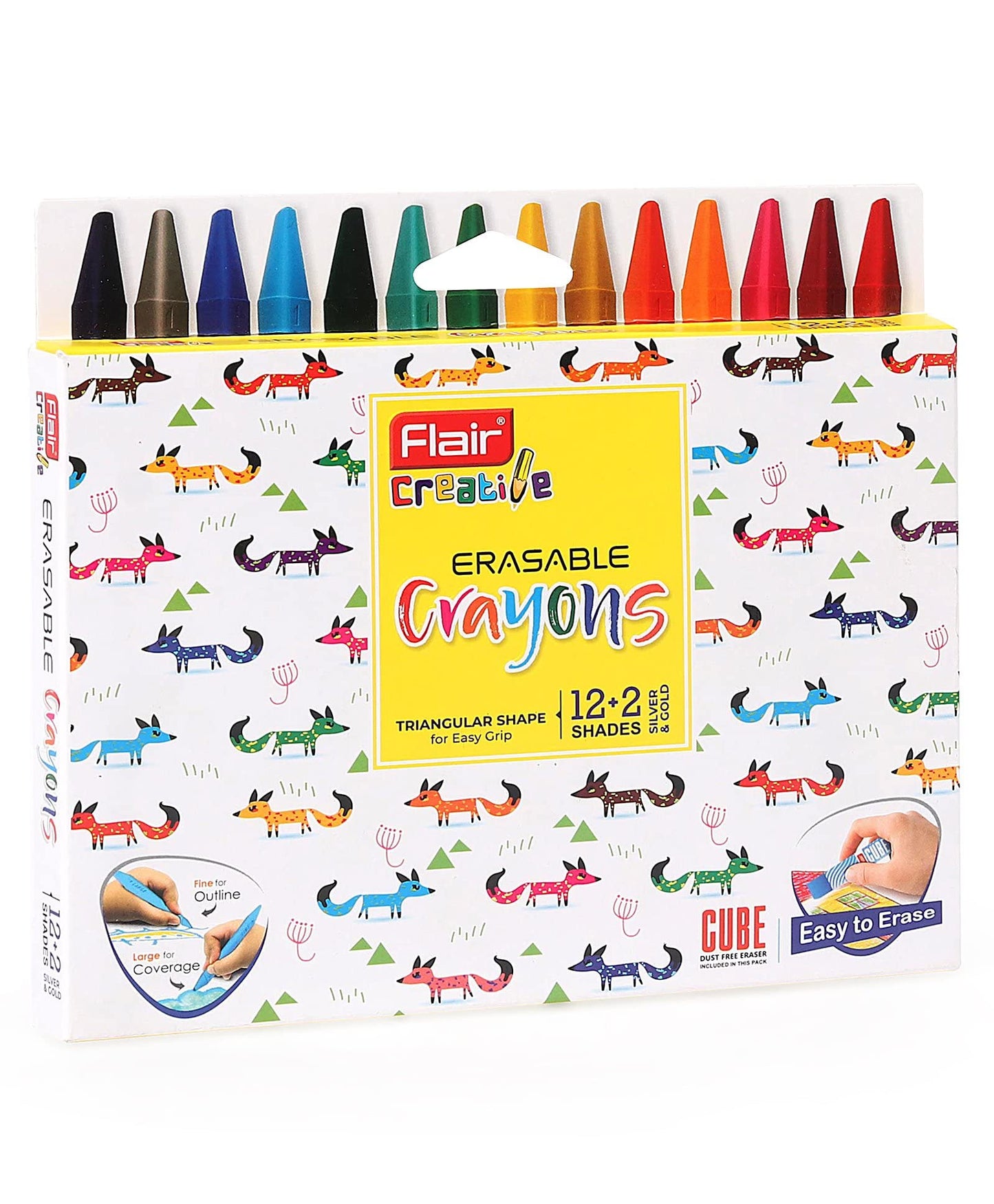 Flair Creative Series Erasable Crayons | Trianglular Shape For Easy Grip | Easy To Erase | Non-Toxic Crayons, Safe For Kids | With Free Cube Eraser Inside| 14 shades