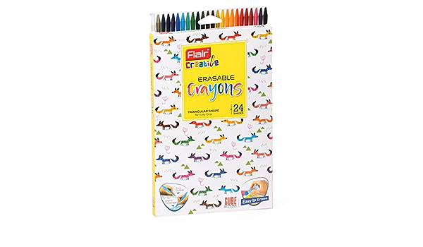 Flair Creative Series Erasable Crayons | Trianglular Shape For Easy Grip | Easy To Erase | Non-Toxic Crayons, Safe For Kids | With Free Cube Eraser Inside | 24 shades