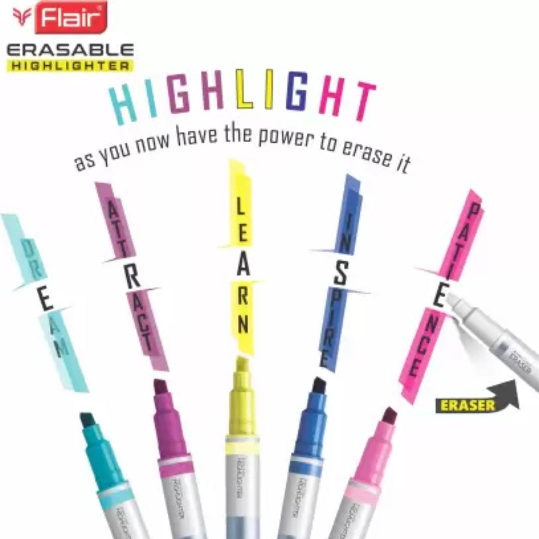 FLAIR Creative Series Erasable Chisel Point 1 to 4 mm Highlighter Blister Pack | Easily Erase What You Highlight | Non Toxic & Safe of Childrens | Set of 5 Different Shades