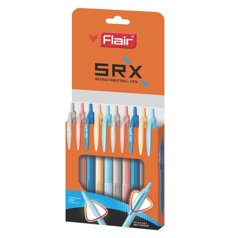 Flair Srx 0.7mm Retractable Ball Pen Wallet Pack | Triangular Body Design For Better Grip | Light Weight Refillable | Smooth Writing Experience | Vibrant Solid Body Colours | Blue Ink, Pack of 10 Pens