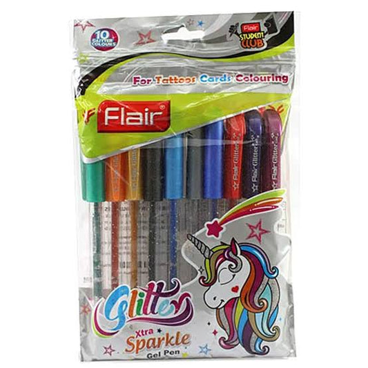 FLAIR Glitter Sparkle 1.0mm Gel Pen Blister Pack | Smooth & Perfect Writing, Non-Toxic Fluid Gel Ink | Transparent Body With Sparkles | Set of 10