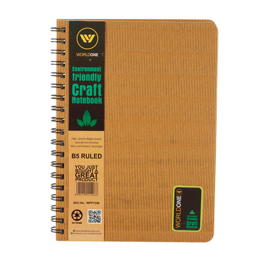 WORLDONE Enviroment Friendly Nature Series Wiro Craft Notebook, Single Ruled, 160 Pages, 249mm*180mm*15mm, Set of 2, Size: B5, Color: Kraft