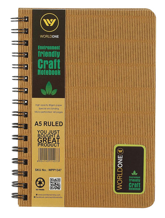 WORLDONE Enviroment Friendly Nature Series Wiro Craft Notebook, Single Ruled, 160 Pages, 212mm*145mm*15mm, Set of 1, Size: A5, Color: Kraft