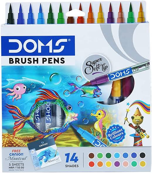 DOMS 14 Shades Brush Pen Box, Super Soft Tip, Water Based Ink Which Gives Water Color Effect | Free Canson Montval 5 Sheets Inside