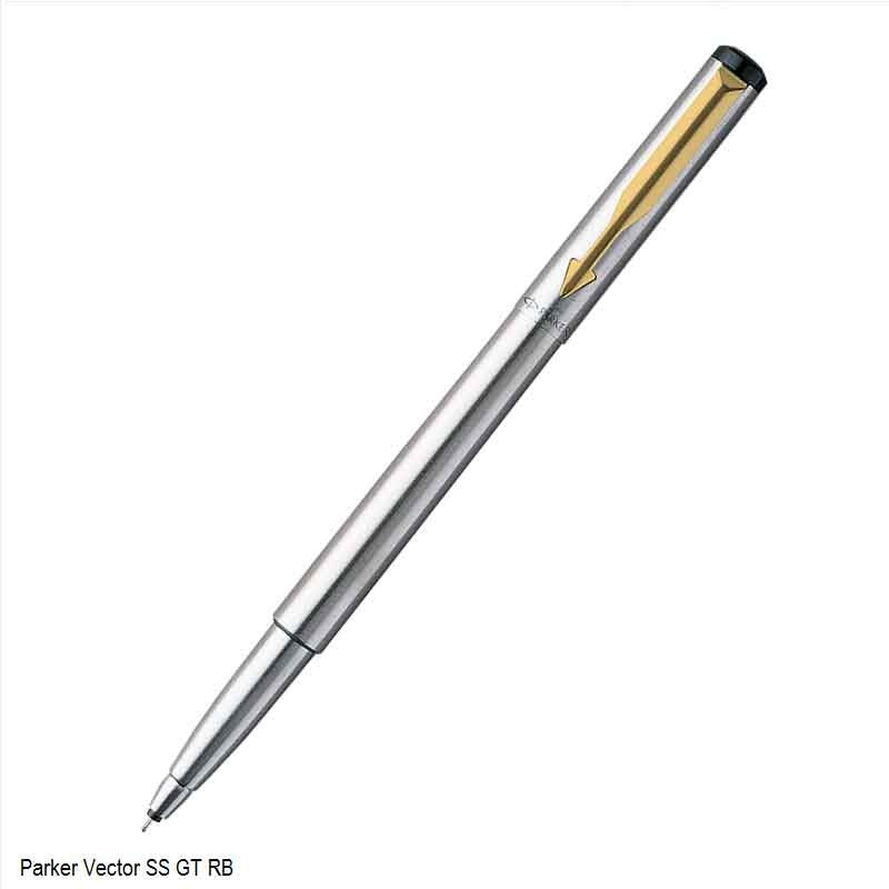 PARKER VECTOR STAINLESS STEEL ROLLERBALL PEN WITH GOLD TRIMS